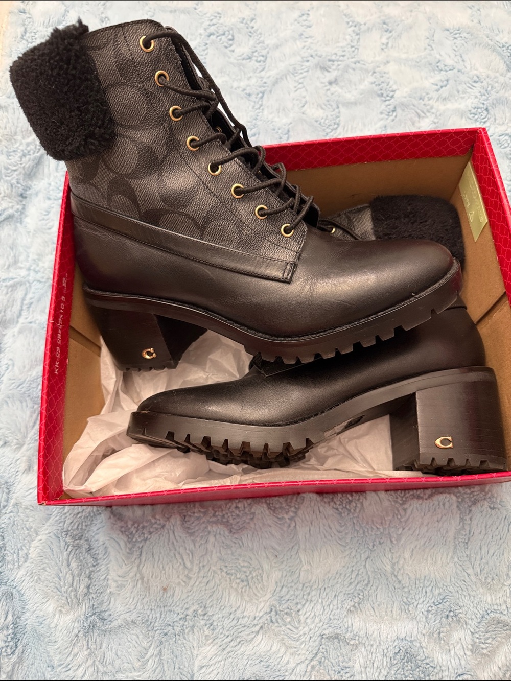 Coach Black Leather & Signature Canvas Lace-Up Ankle Boots